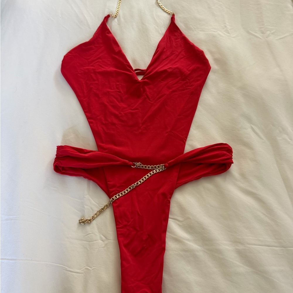 Beach Bunny Red Swimsuit with Gold Chain